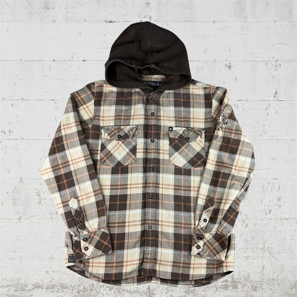 Y2K Quiksilver Hooded Flannel Shirt Mens Small Brown Plaid Skater Surf Beach - Picture 3 of 7